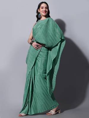 Rama Cream Colour Beautiful Chinnon Fabric Half Half Saree WITH UN-STITCHED BLOUSE 2