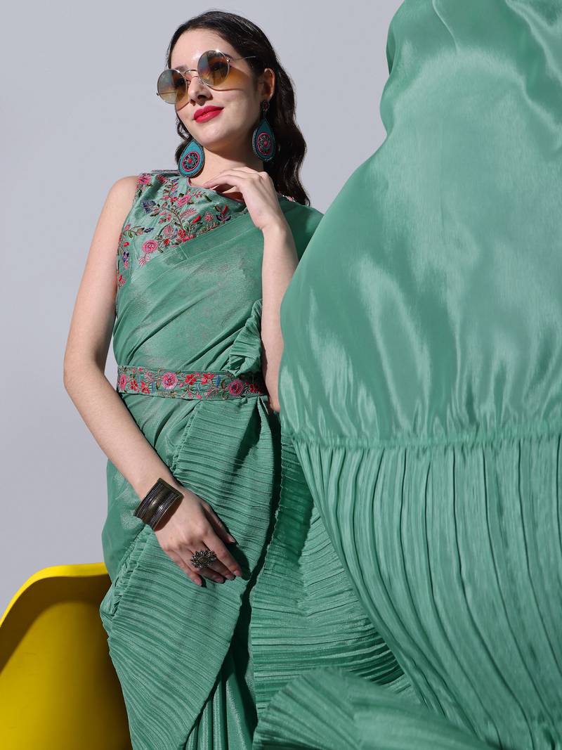 Rama Cream Colour Beautiful Chinnon Fabric Half Half Saree WITH UN-STITCHED BLOUSE