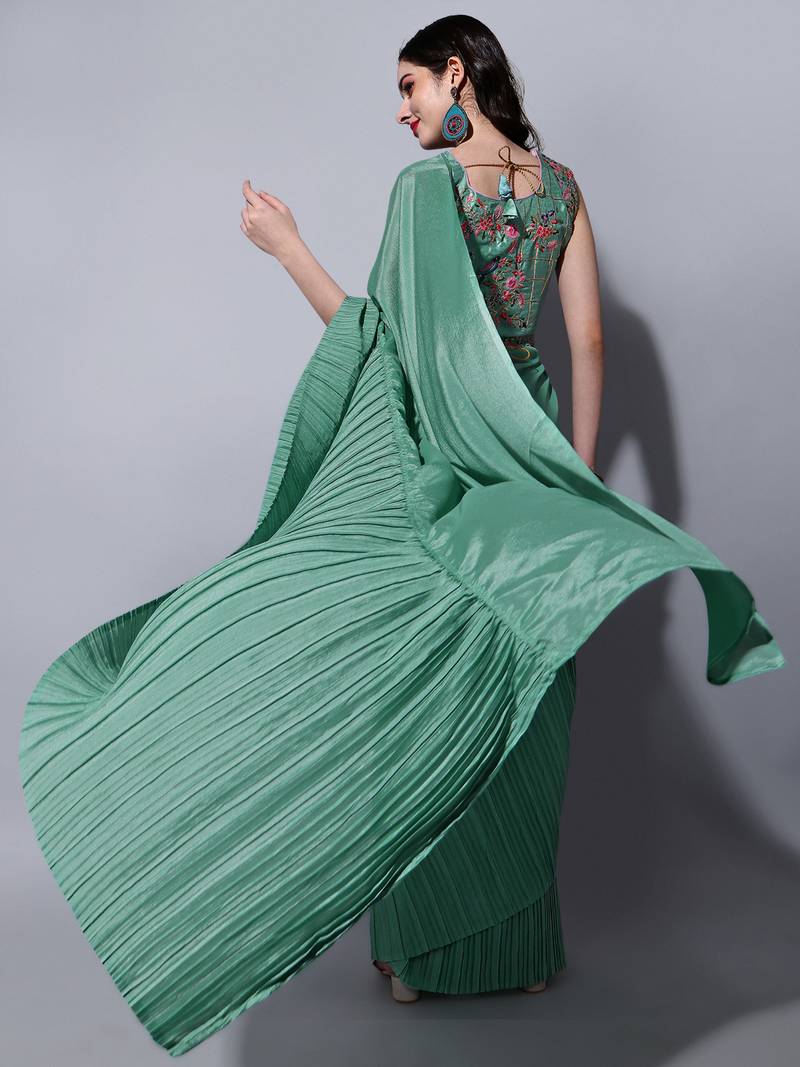 Rama Cream Colour Beautiful Chinnon Fabric Half Half Saree WITH UN-STITCHED BLOUSE