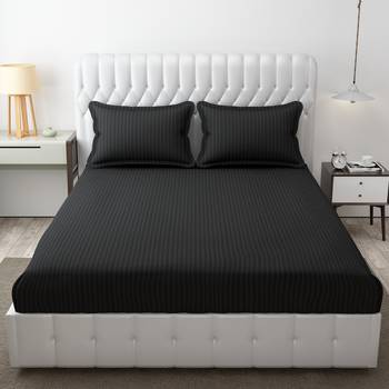 Roman Solid Satin Stripe Double Bed Bedsheet 90x100 Inches + 2 Pillow Cover for Home, Hotels, Guest House, PG. (Black) 1