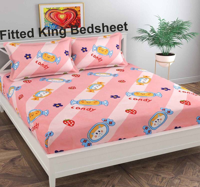 Fitted Bedsheet Size King All Round Elastic with 2 Pillow Covers - Fit Upto 8 Inches Mattress