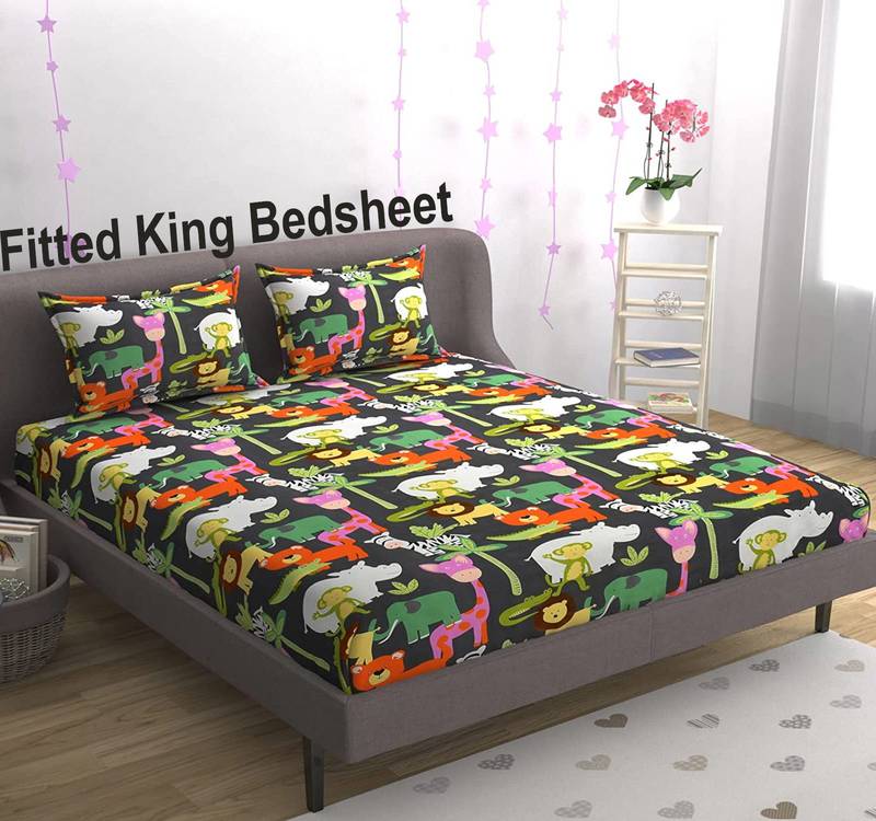 Fitted Bedsheet Size King All Round Elastic with 2 Pillow Covers - Fit Upto 8 Inches Mattress