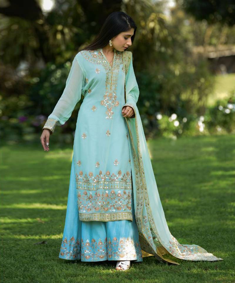 Powder Blue Sharara Suit with Dori Embroidery