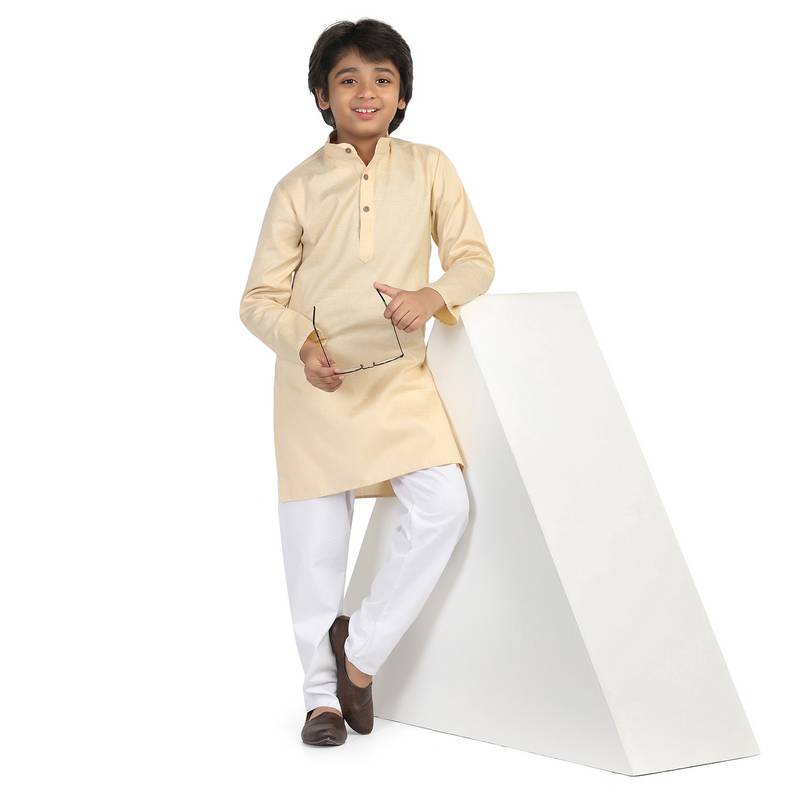 Beige plain cotton boys-kurta-pyjama