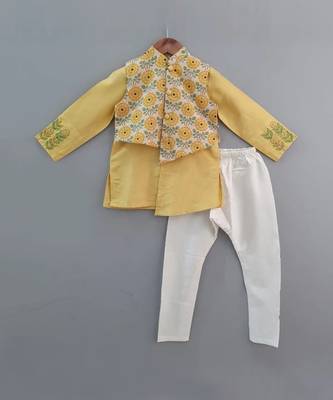 Yellow Embroidered Kurta With Floral Printed Asymmertical Jacket Set 1