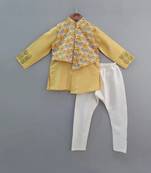 Yellow Embroidered Kurta With Floral Printed Asymmertical Jacket Set