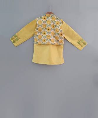 Yellow Embroidered Kurta With Floral Printed Asymmertical Jacket Set 2