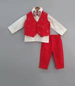 White Shirt/Red Pant/Red Half Jacket With Star Hand Embroidery Bow Tie Set