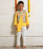 Yellow Drape Kurta With Multi Colour Asymmetrical Jacket Set