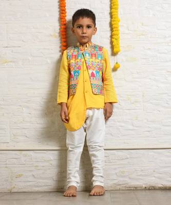 Yellow Drape Kurta With Multi Colour Asymmetrical Jacket Set 2