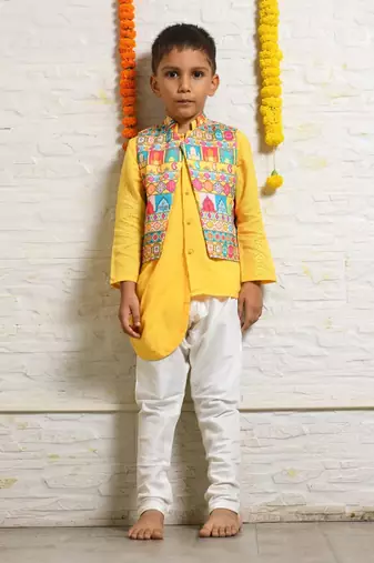 Yellow Drape Kurta With Multi Colour Asymmetrical Jacket Set