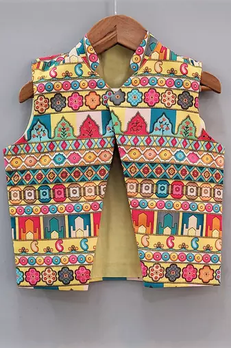 Yellow Drape Kurta With Multi Colour Asymmetrical Jacket Set