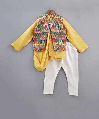 Yellow Drape Kurta With Multi Colour Asymmetrical Jacket Set 4