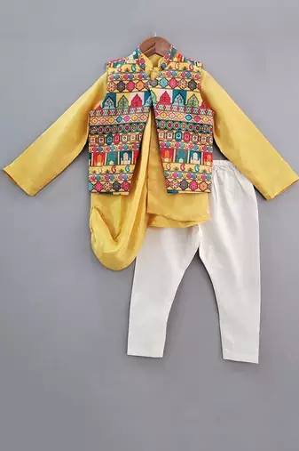 Yellow Drape Kurta With Multi Colour Asymmetrical Jacket Set