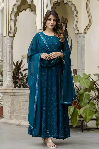 Trendmalls Dark Blue Santoon Anarkali Dress 3 pieces Salwar Kameez set