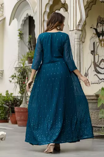 Trendmalls Dark Blue Santoon Anarkali Dress 3 pieces Salwar Kameez set