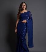 Navy Blue Embroidered Georgette Saree With Blouse