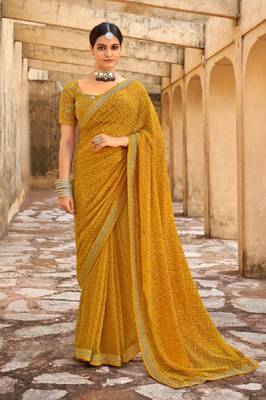 Mustard Yellow Bandhani Design Saree With Embroidery Work Blouse 1