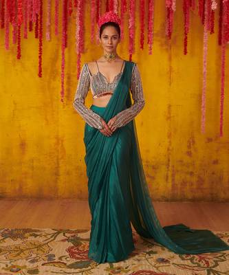 Pine Green Satin Draped Saree Set 1