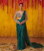 Pine Green Satin Draped Saree Set