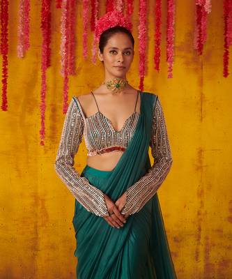 Pine Green Satin Draped Saree Set 2