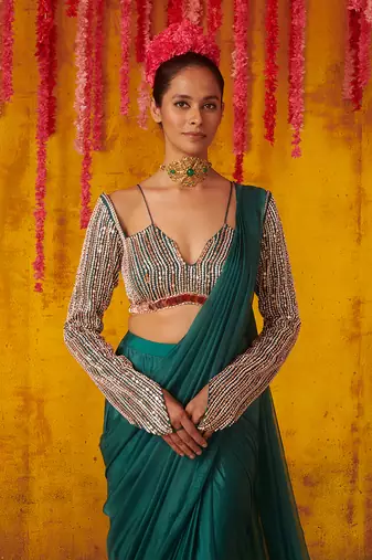 Pine Green Satin Draped Saree Set