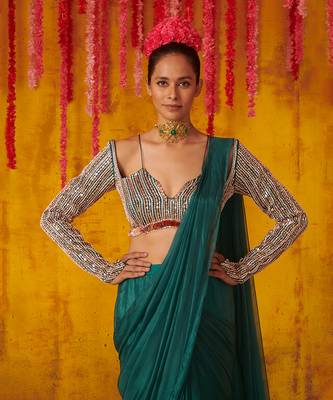 Pine Green Satin Draped Saree Set 3