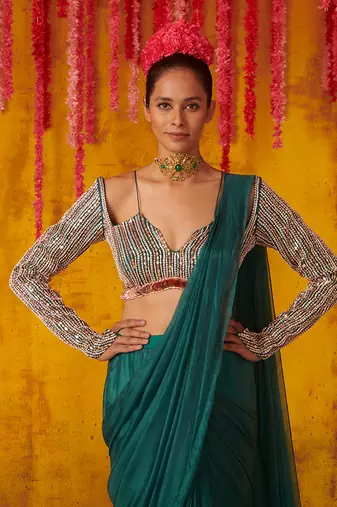 Pine Green Satin Draped Saree Set