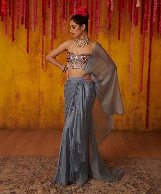 Grey Satin Organza Draped Saree Set 1