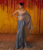 Grey Satin Organza Draped Saree Set