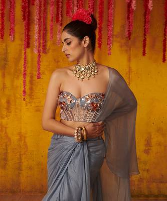 Grey Satin Organza Draped Saree Set 2