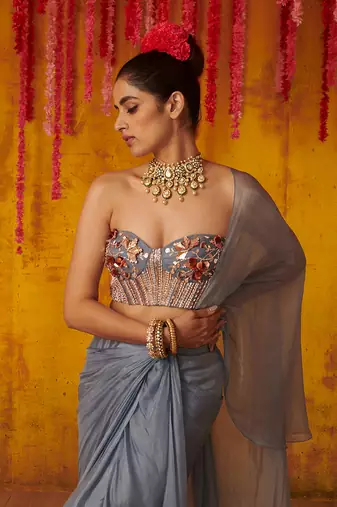 Grey Satin Organza Draped Saree Set