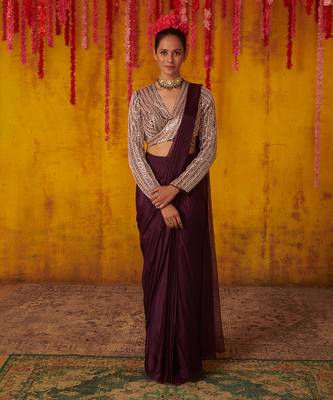 Purple Dupion Organza Draped Saree Set 1