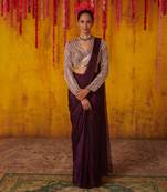 Purple Dupion Organza Draped Saree Set