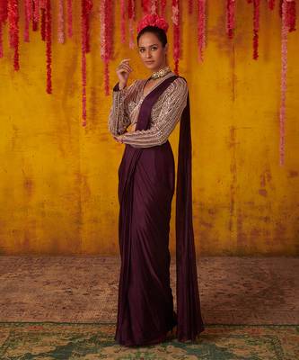 Purple Dupion Organza Draped Saree Set 2