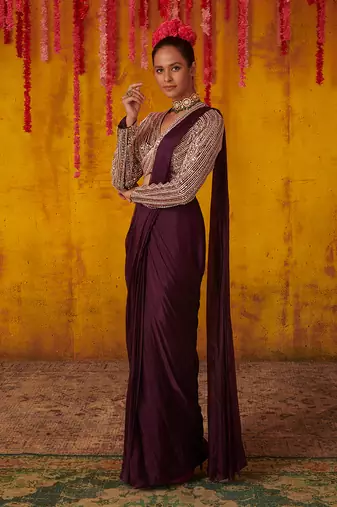 Purple Dupion Organza Draped Saree Set
