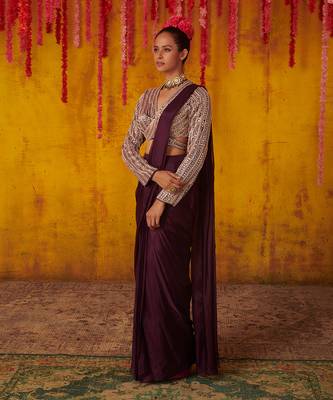 Purple Dupion Organza Draped Saree Set 3