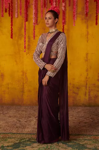 Purple Dupion Organza Draped Saree Set
