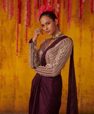Purple Dupion Organza Draped Saree Set 4