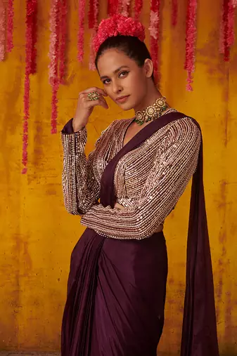 Purple Dupion Organza Draped Saree Set