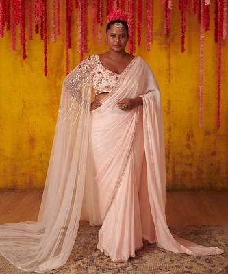 Light Pink Dupion and Organza Draped Saree Set 1