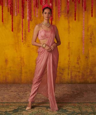 Onion Pink Tasseled Draped Pant Saree Set 1