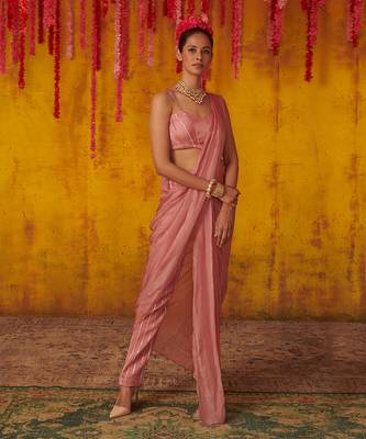Onion Pink Tasseled Draped Pant Saree Set 2
