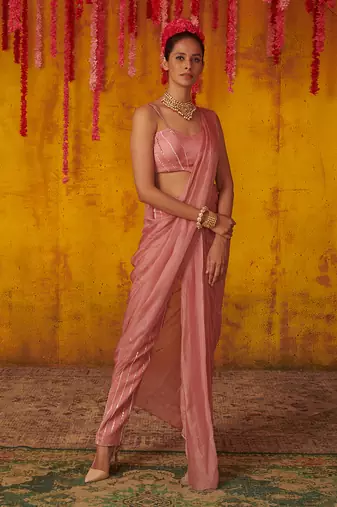 Onion Pink Tasseled Draped Pant Saree Set