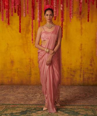Onion Pink Tasseled Draped Pant Saree Set 3