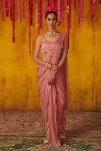 Onion Pink Tasseled Draped Pant Saree Set