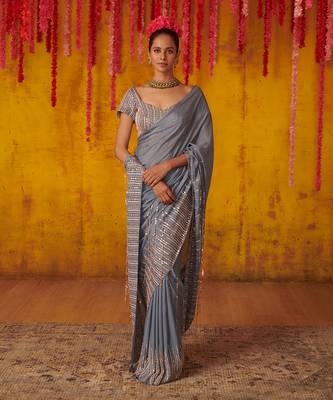 Grey Embroidered Draped Saree Set 1