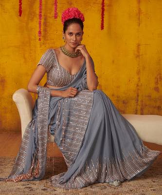 Grey Embroidered Draped Saree Set 2