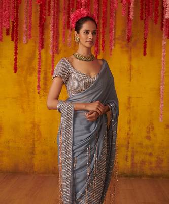 Grey Embroidered Draped Saree Set 3
