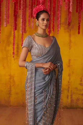 Grey Embroidered Draped Saree Set